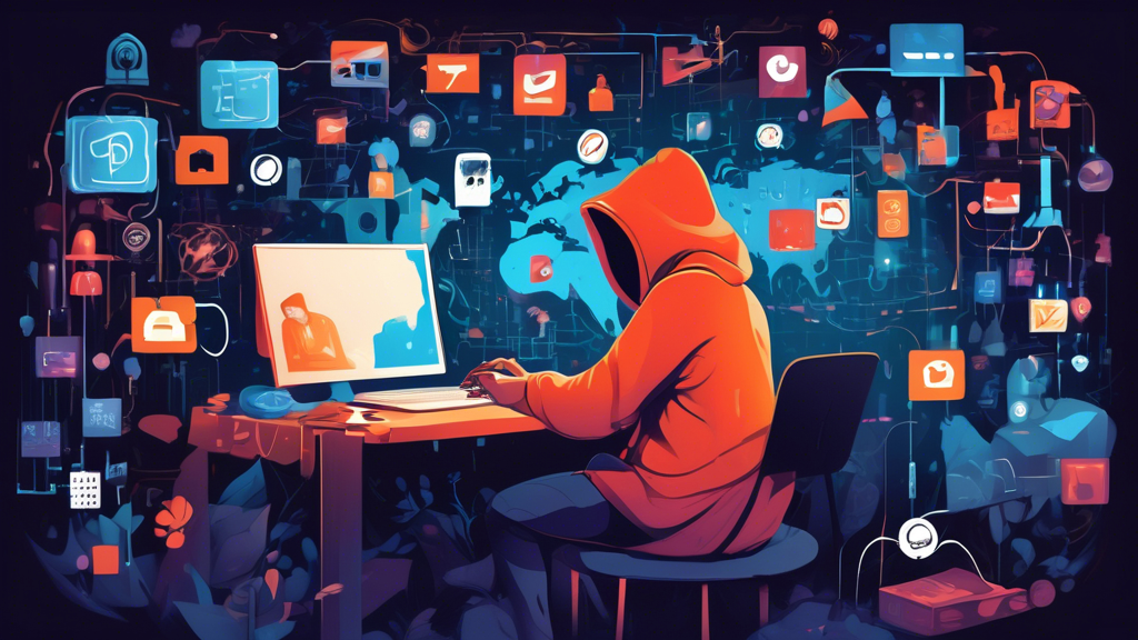 Create an illustration depicting a person browsing the internet anonymously. The scene should include a computer monitor displaying a digital world filled with abstract representations of privacy symbols like padlocks and cloaks, surrounded by floating icons of popular websites. The individual in the image should be wearing a mysterious hooded outfit, sitting in a cozy, dimly-lit room with various tech gadgets. Include a cup of coffee and a notepad with tips for safe browsing to emphasize the theme of anonymity and security on the internet.