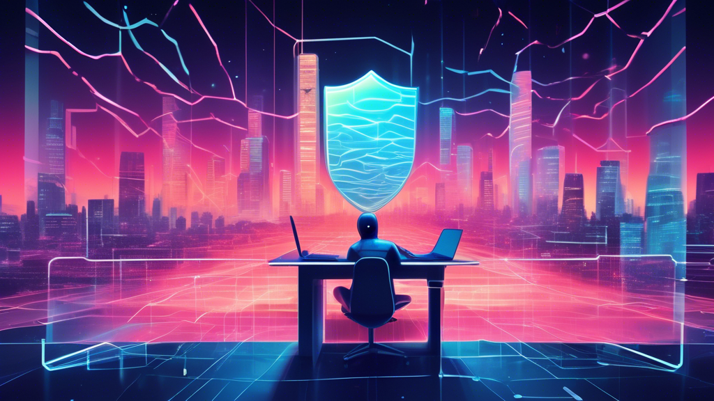 An artistic representation of a serene digital landscape where a person is peacefully surfing the internet behind a shielded barrier, symbolizing the concept of an anonymous proxy. The scene includes abstract representations of security, privacy, and protection, like a glowing shield and encrypted data streams, all set against a vibrant, futuristic city background. Soft, calming colors should imbue a sense of safety and tranquility.