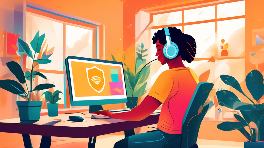 Create an illustration of a person sitting at a computer in a cozy, modern home office, wearing headphones and looking relaxed while browsing the internet. The screen displays a colorful animation of a shield symbol representing security and anonymity. In the background, include elements like a plant, a coffee mug, and a window showing a sunny day outside, symbolizing a safe and peaceful online experience through proxy surfing.