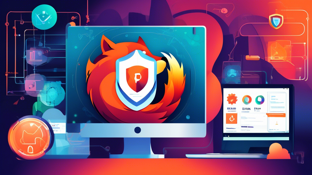 An imaginative illustration showing a computer screen with the Firefox browser open, displaying various settings and options for hiding an IP address. Include visual elements like a shield, a VPN icon, and a secure padlock, all in a modern and tech-savvy style. The background should be a digital landscape with abstract representations of networks and anonymity.