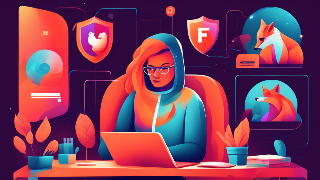 Create an illustration showcasing a person using a laptop in a cozy home office, surrounded by virtual shields and digital locks symbolizing online privacy. Include subtle elements like a Mozilla Firefox logo and an abstract representation of an IP address being concealed through encrypted connections, all in a warm, inviting color palette.